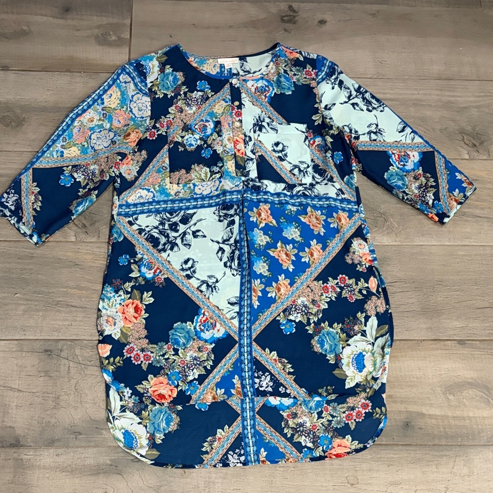 Floral Patchwork shirt-dress - Blue and Orange